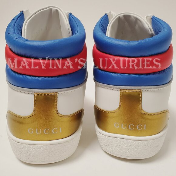 GUCCI SNEAKERS MENS ACE HIGH TOP WHITE LEATHER WEB STRIPE SHOES sz 10G 10.5 - Picture 10 of 12